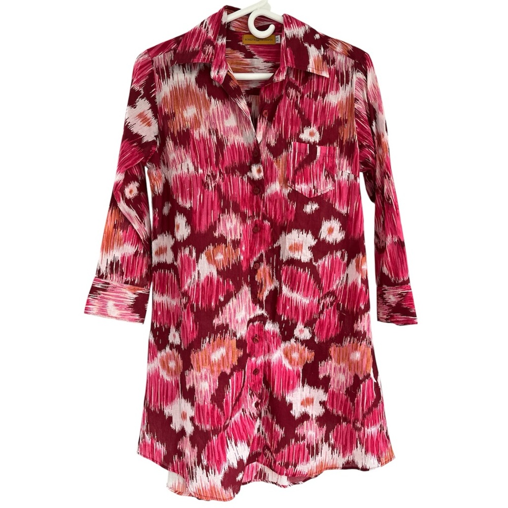 Roberta Freymann Pink Orange Ikat Cotton Button Down Shirt Dress Tunic Style XS